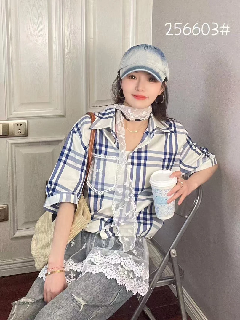 【6603】M#休闲百搭格子翻领衬衫上衣