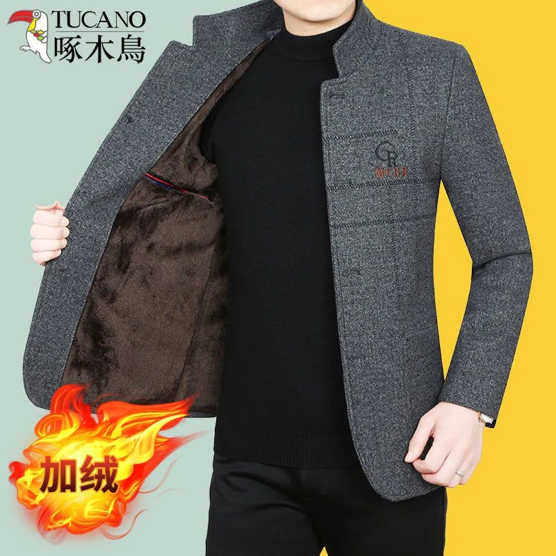啄木鸟春季羊毛呢外套秋冬季新款中年男士立领呢大衣休闲爸爸秋冬