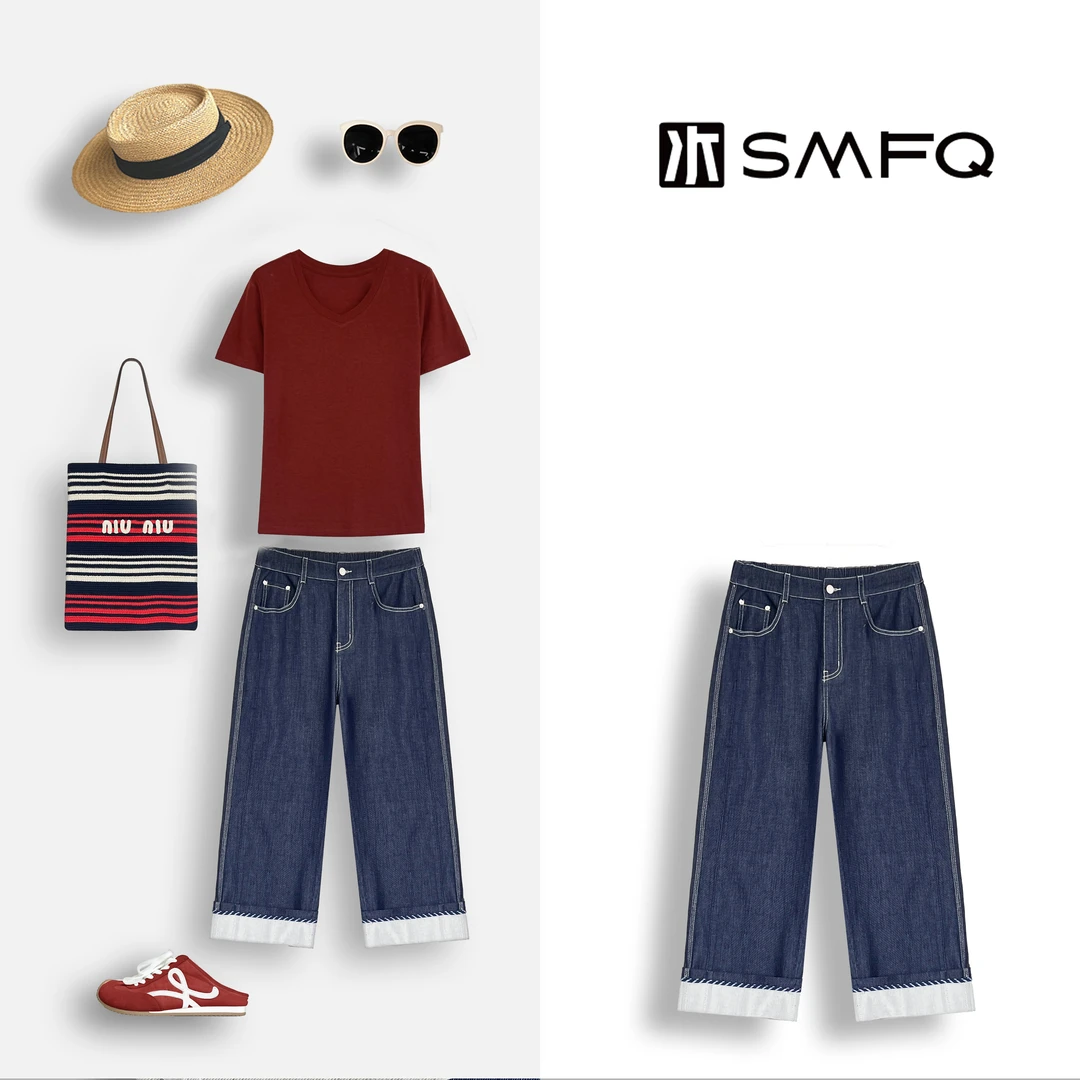 水木夫妻”瘦腿特效“天丝莱赛尔明线三本针透气翻边八分牛仔直筒裤