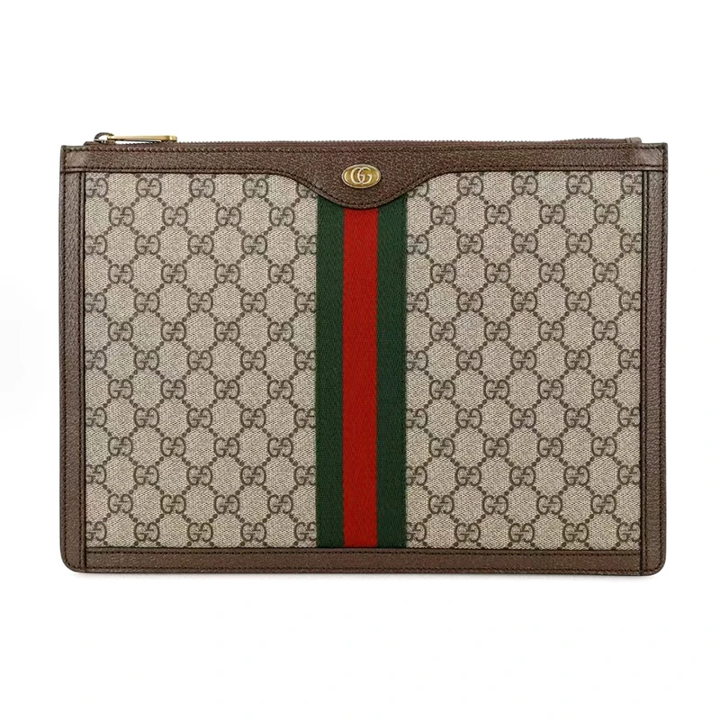 99新 GUCCI/古驰 Ophidia老花Logo条纹织带乌木色手拿包