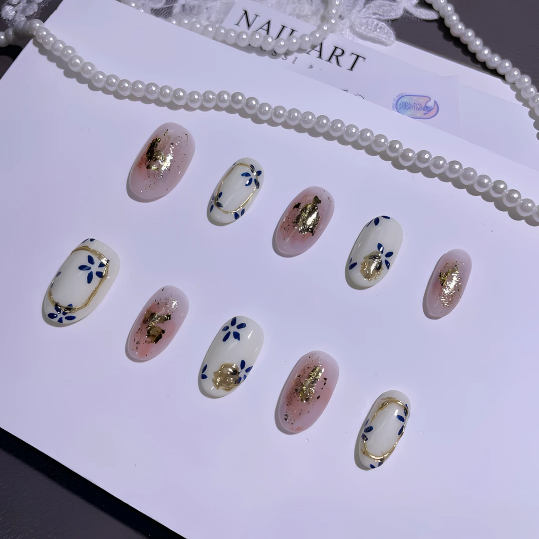 A1751『金酝青花』古风老钱手绘青花晕染金箔纯手工制作穿戴甲