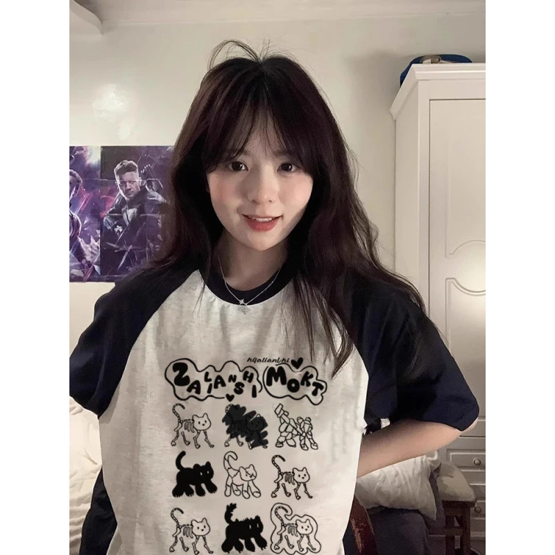 夏季大码胖MM美式复古插肩短袖t恤女宽松潮牌高级感上衣ins打底衫