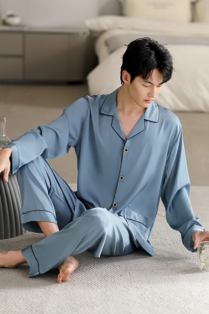 冰丝睡衣男士春秋长袖长裤套装家居服可外穿高端翻领舒适大码睡衣