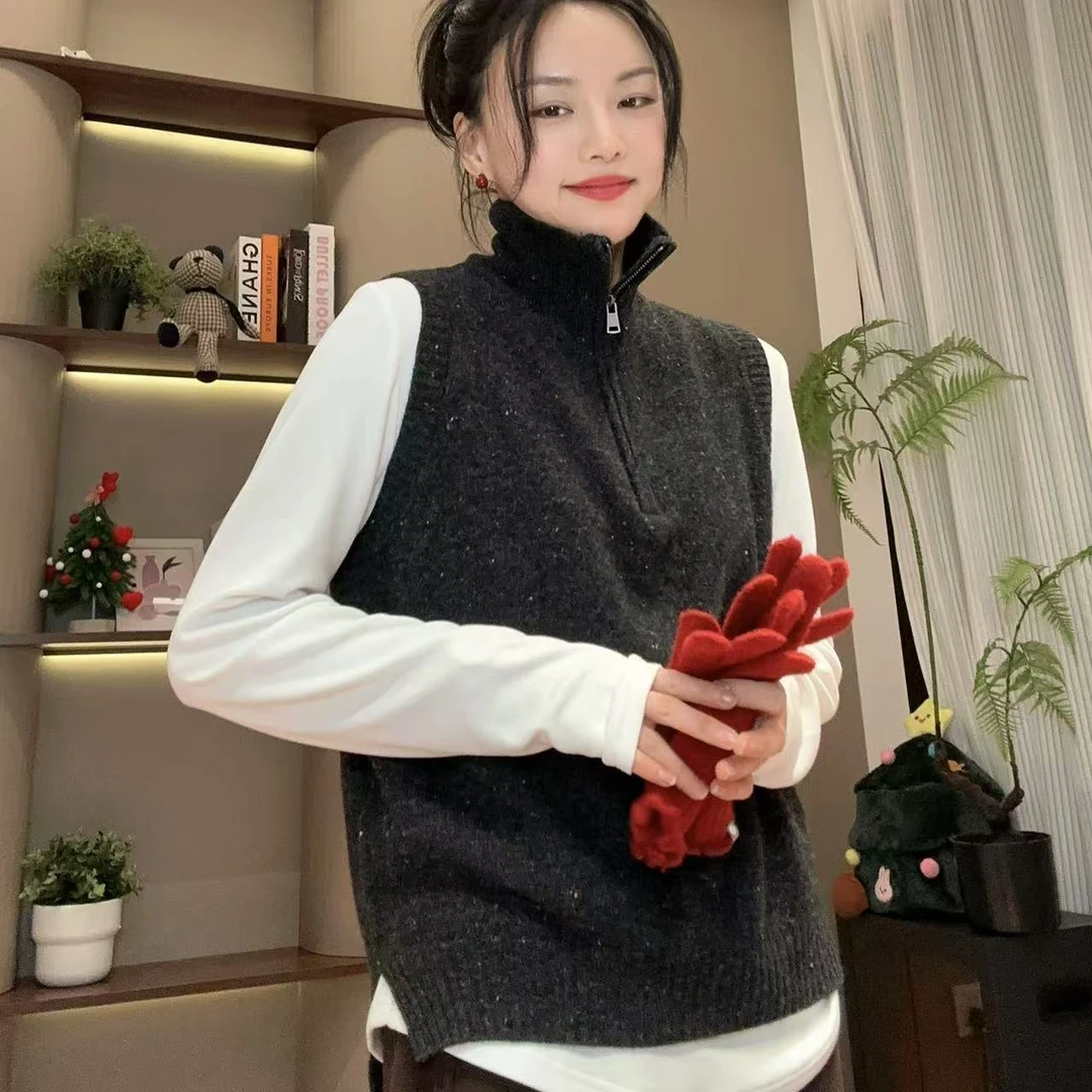 秋冬星光杂点绵羊毛半拉链高领针织马甲4-12-9