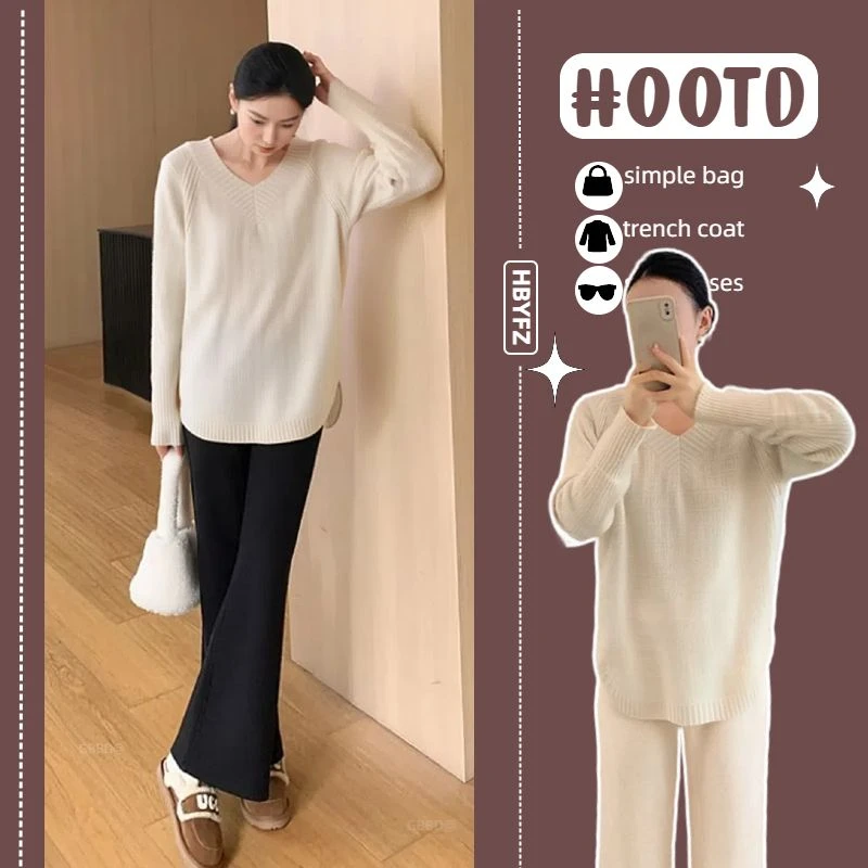 2025孕妇装宽松版型孕妇针织衫上衣春装新款V领长袖外穿遮肚不显