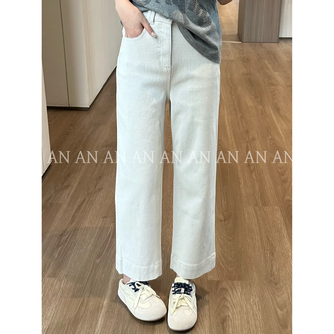 C07245早秋新款韩系宽松精致小个子高腰白灰九分直筒牛仔裤