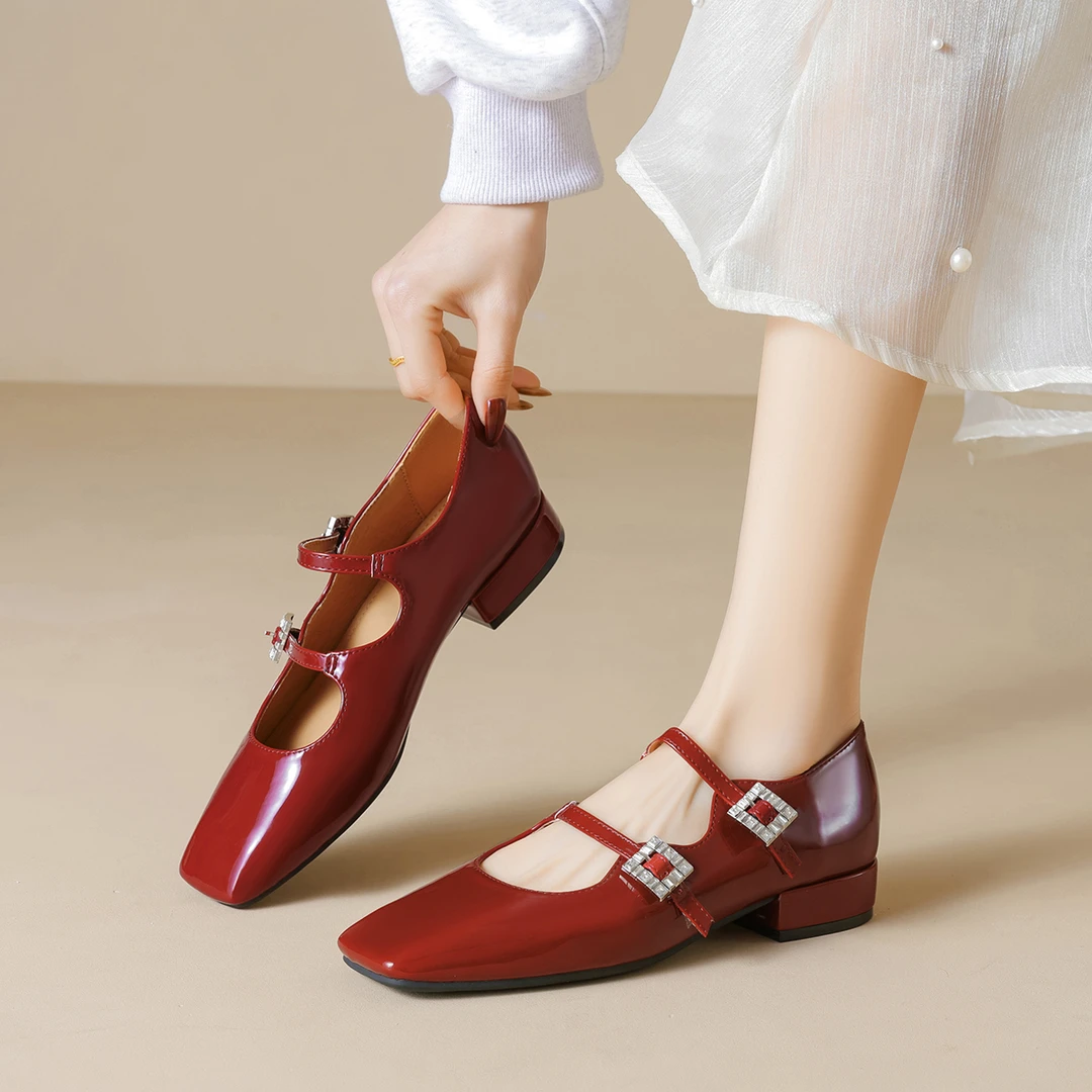2025新款网红百搭浅口方头玛丽珍一字水钻方扣低跟单鞋（V6331-3）