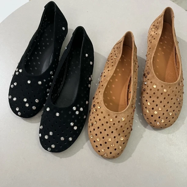 春夏款鞋子女鞋羊京皮圆头水钻平底单鞋镂空透气潮51903