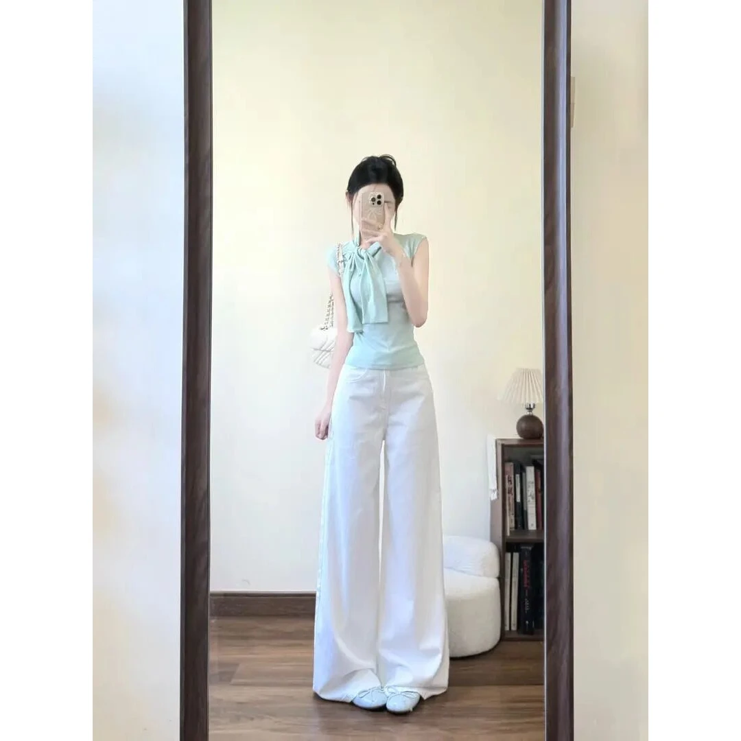 多巴胺夏季衣服辣妹时尚穿搭设计感蝴蝶结无袖上衣高腰显瘦阔腿裤