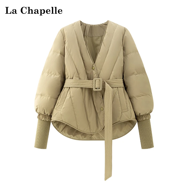 拉夏贝尔卡其色OL风格针织拼接袖口V领收腰加厚羽绒服女春新款
