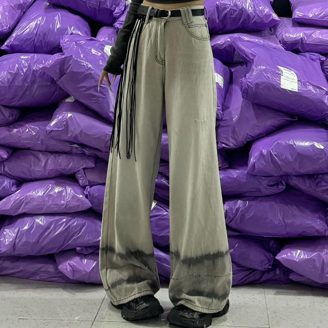 娱娱女装春装新款个性洋气时尚独特渐变牛仔阔腿裤