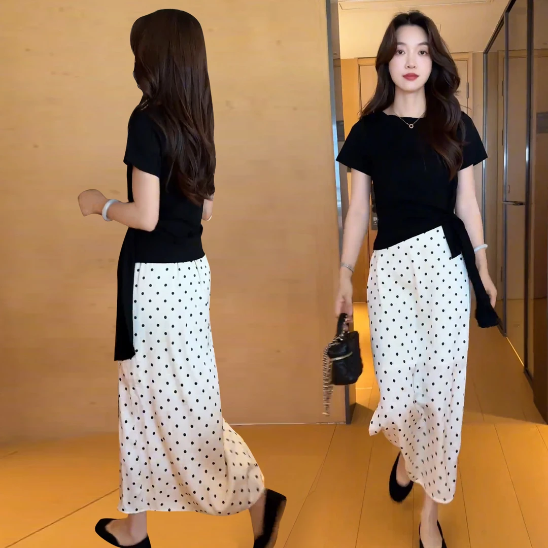 爆款高级感夏季两件套女装不规则绑带小衫T恤波点半身裙时尚套装