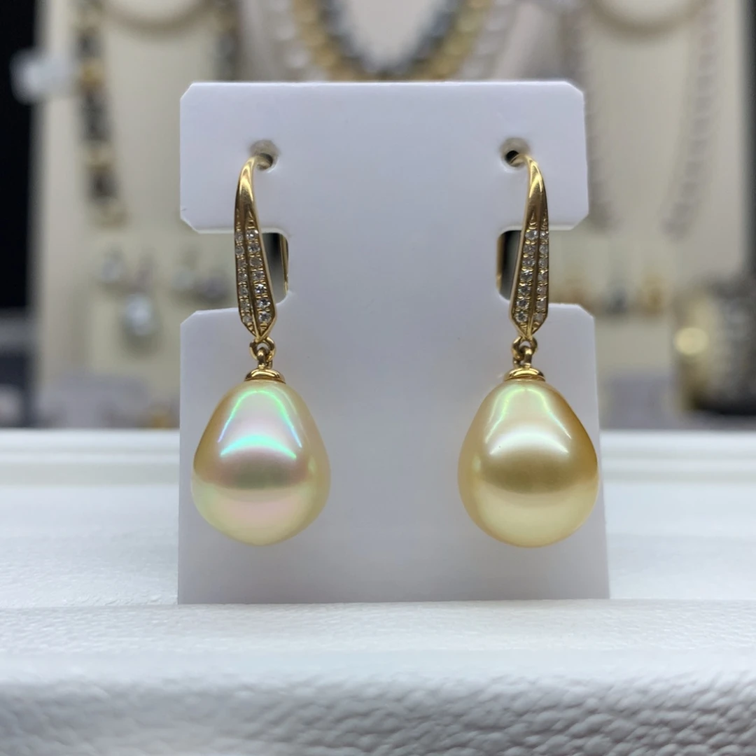 18K金镶嵌耳饰海水珍珠10.7mm金珠耳钩