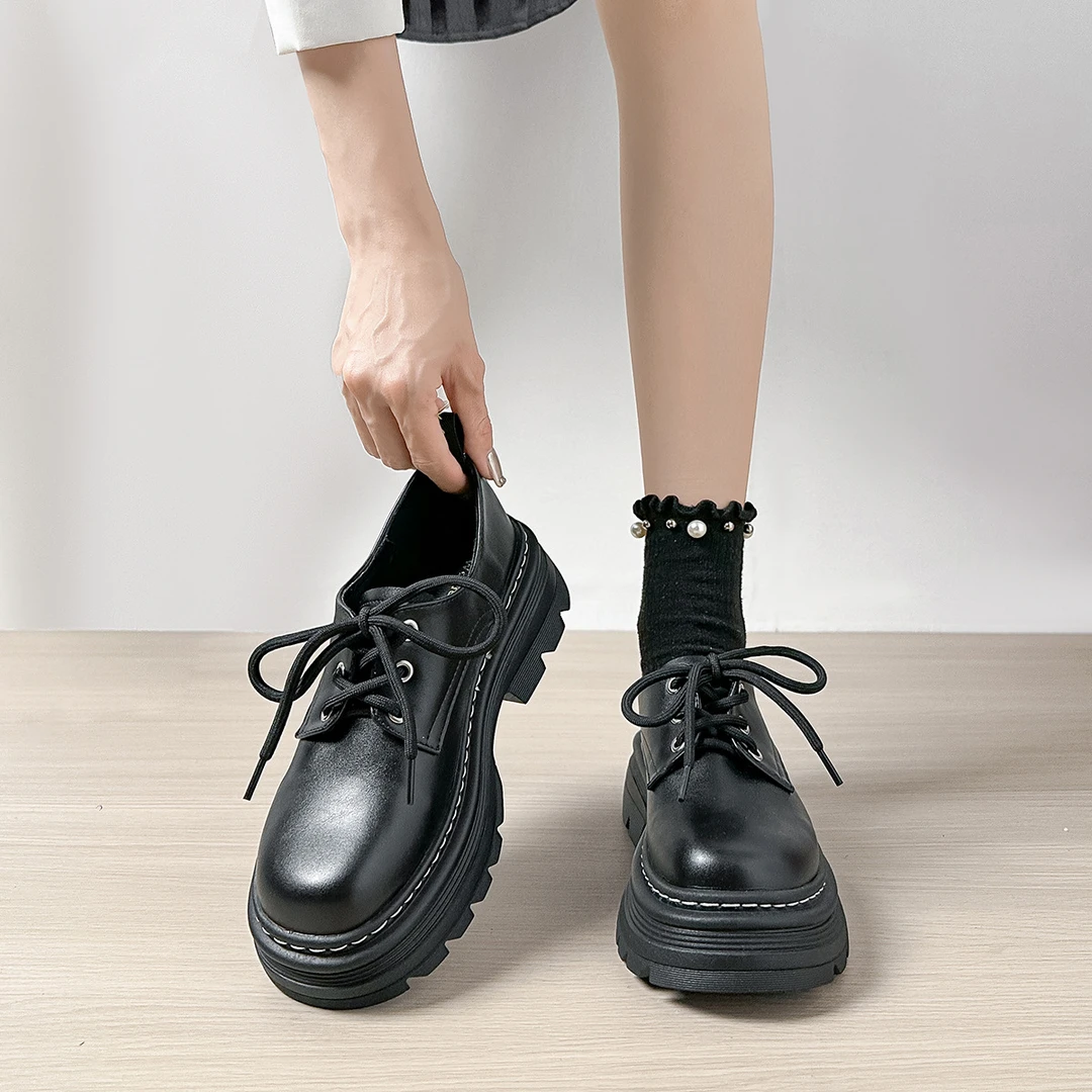 1388-1圆头乐福鞋女厚底英伦风小皮鞋系带粗跟增高单鞋