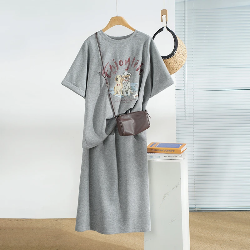 夏季穿搭套装时尚开叉圆领宽松短袖半长裙休闲洋气衣服6780063