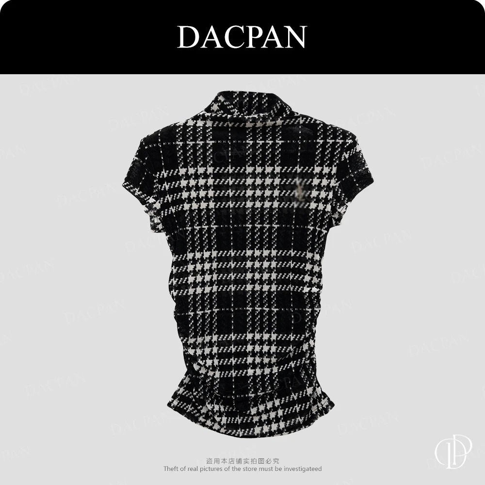 DACPAN-“千鸟格”半高领小飞袖上衣 垫肩可拆 2025/盼·PP 9175