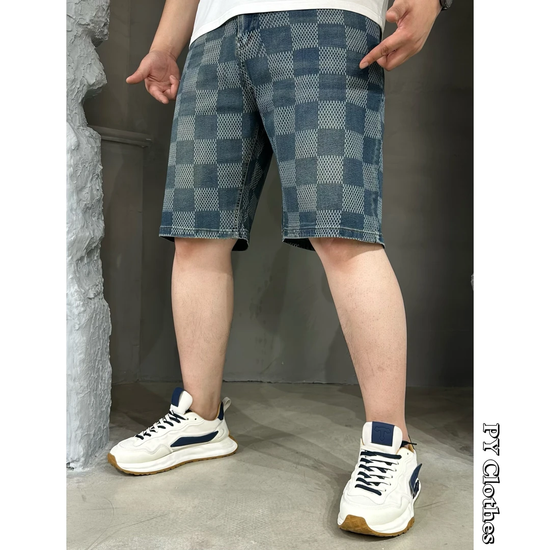 胖语大码男装 2025夏季新款百搭重工水洗提花方格牛仔短裤628#F