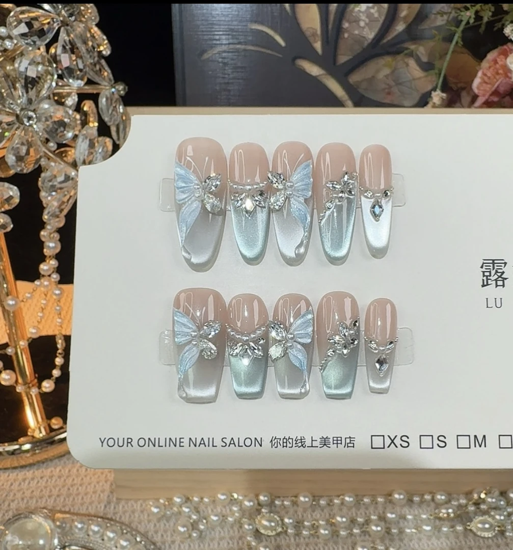 【比翼蝶梦】夏季清凉高级感纯欲蓝色猫眼纯手工穿戴甲美甲贴片