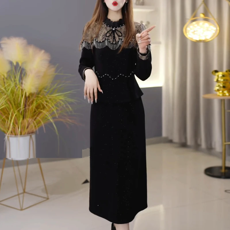 加厚时尚连衣裙两件套2025年冬季新款时尚显瘦上衣半身裙洋气套装