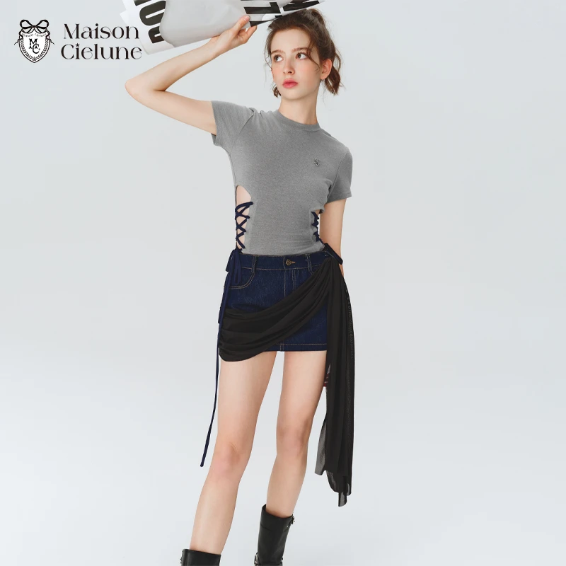 Maison Cielune针织T恤女夏季设计感小众腰间绑带收腰显瘦上衣