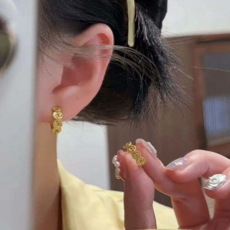 铜合金耳饰 新中式亮闪碎冰冰五帝铜钱耳扣个性百搭圈圈高级感
