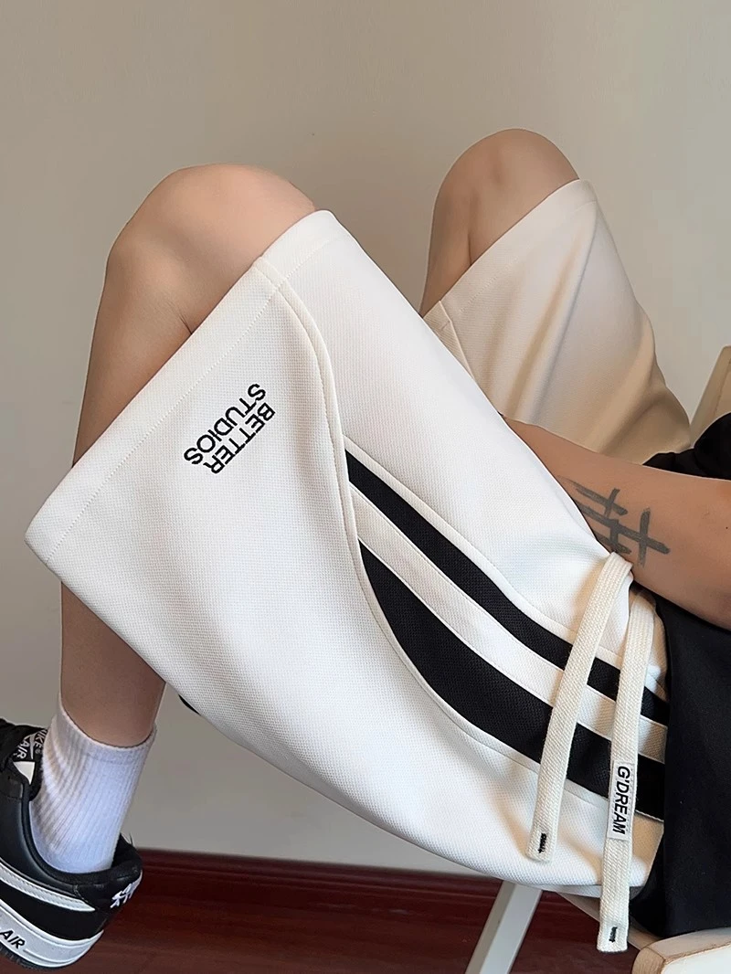 条纹拼接短裤男款夏季外穿2025新款美式休闲五分裤宽松直筒中裤子