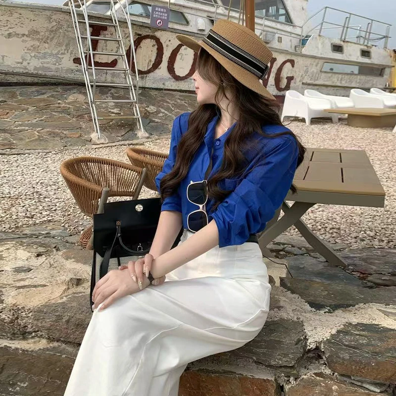 0142克莱因蓝色气质衬衫早春季新款女装法式上衣爆款衬衣内搭叠穿