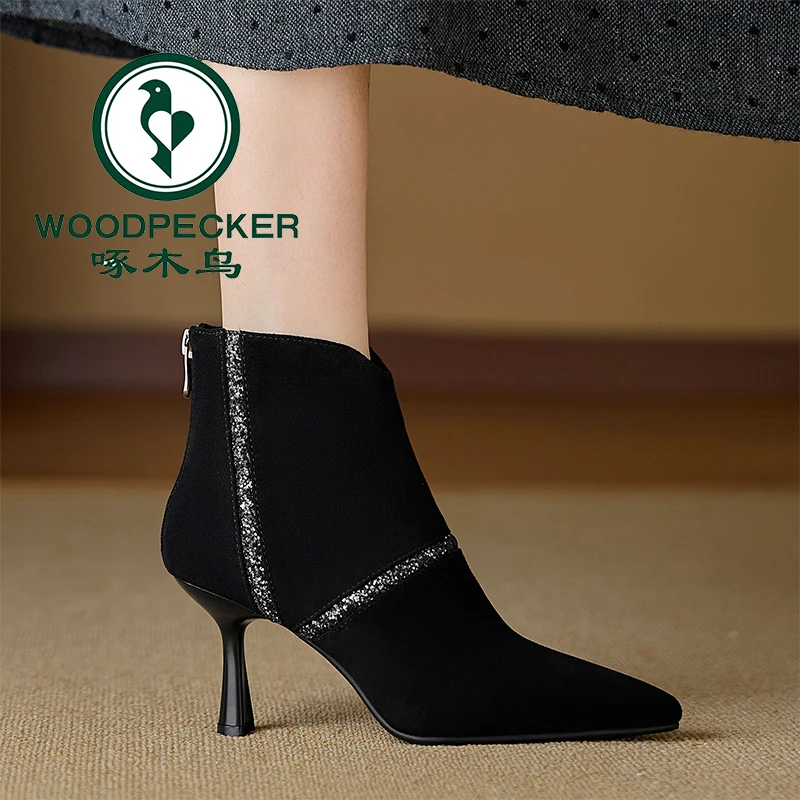 啄木鸟软皮短靴细跟2025冬季新款保暖亮片拼接尖头女靴时尚高跟靴
