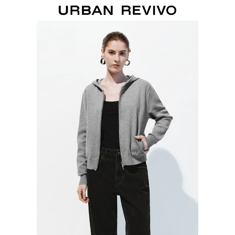 UR2025秋季新款女装潮流简约连帽拉链短款针织开衫UWJ950100