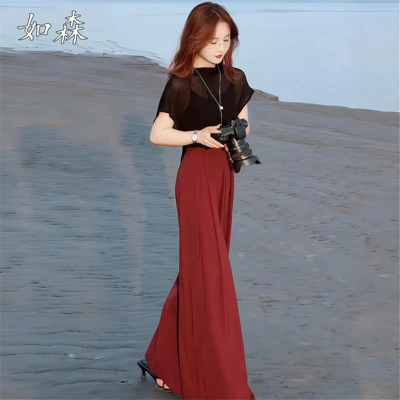 女神范时尚气质套装女夏季新款轻薄冰丝上衣高腰宽裤显瘦两件套
