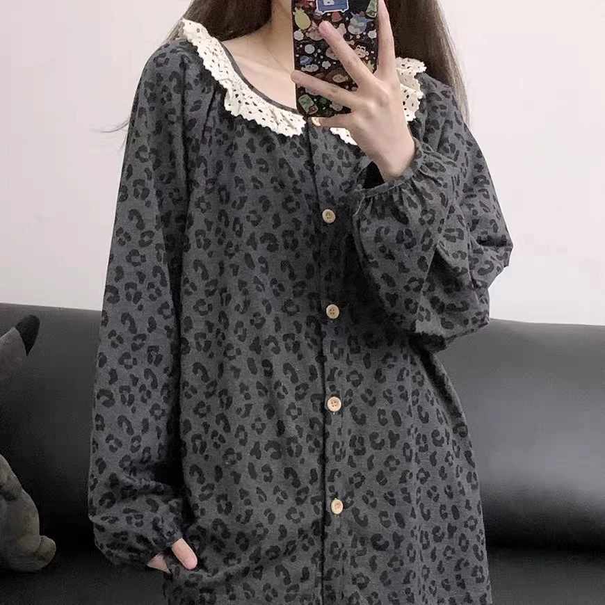 【花灰豹纹】100%纯棉春秋宽松显瘦大码长袖睡衣女家居服开衫圆领