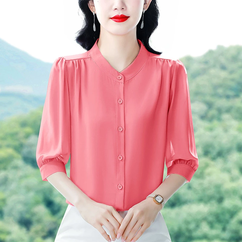 麦歆2025春夏新款洋气七分袖上衣气质减龄圆领衬衫女士大码小衫