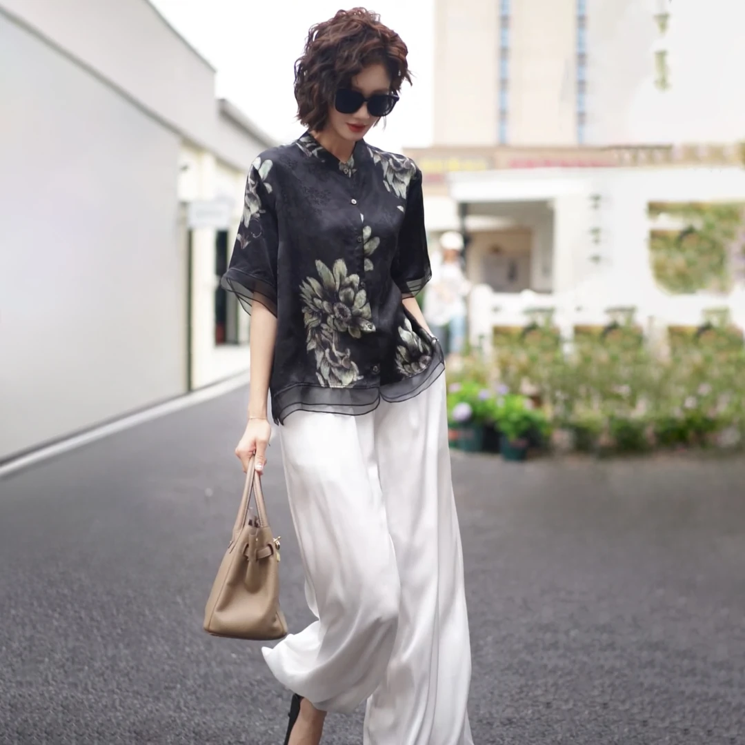 609宽松显瘦高端轻奢真丝印花短款上衣洋气小衫气质阔腿裤两件套