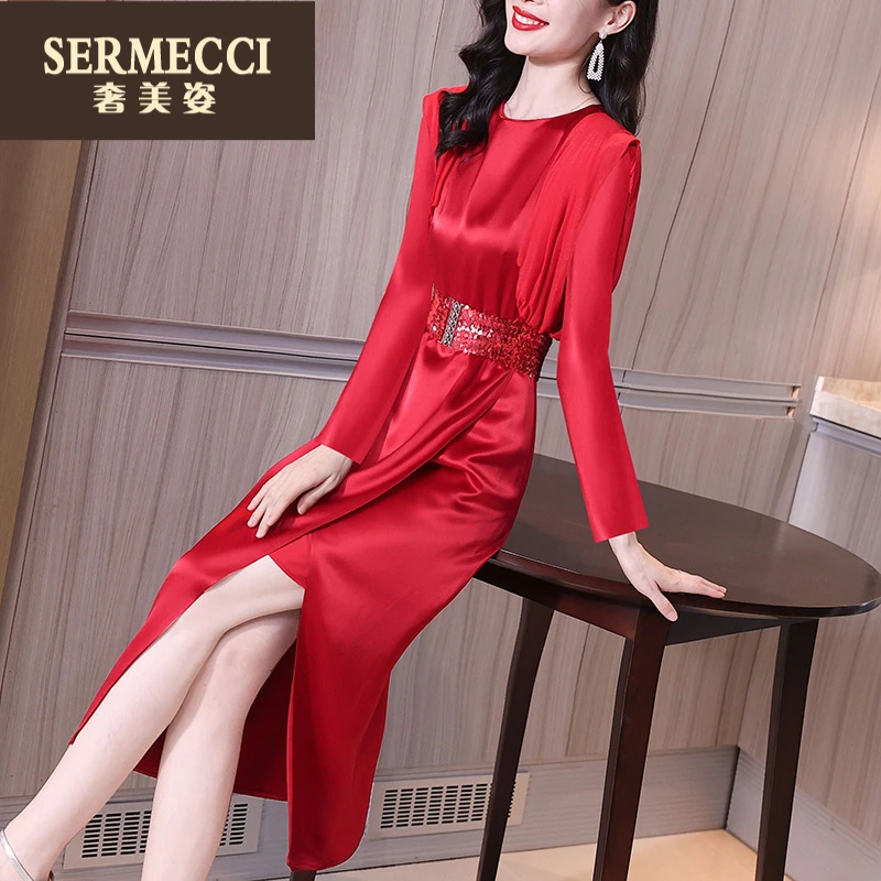 奢美姿2025春秋轻奢高级感气质名媛女神范红色收腰包臀连衣裙