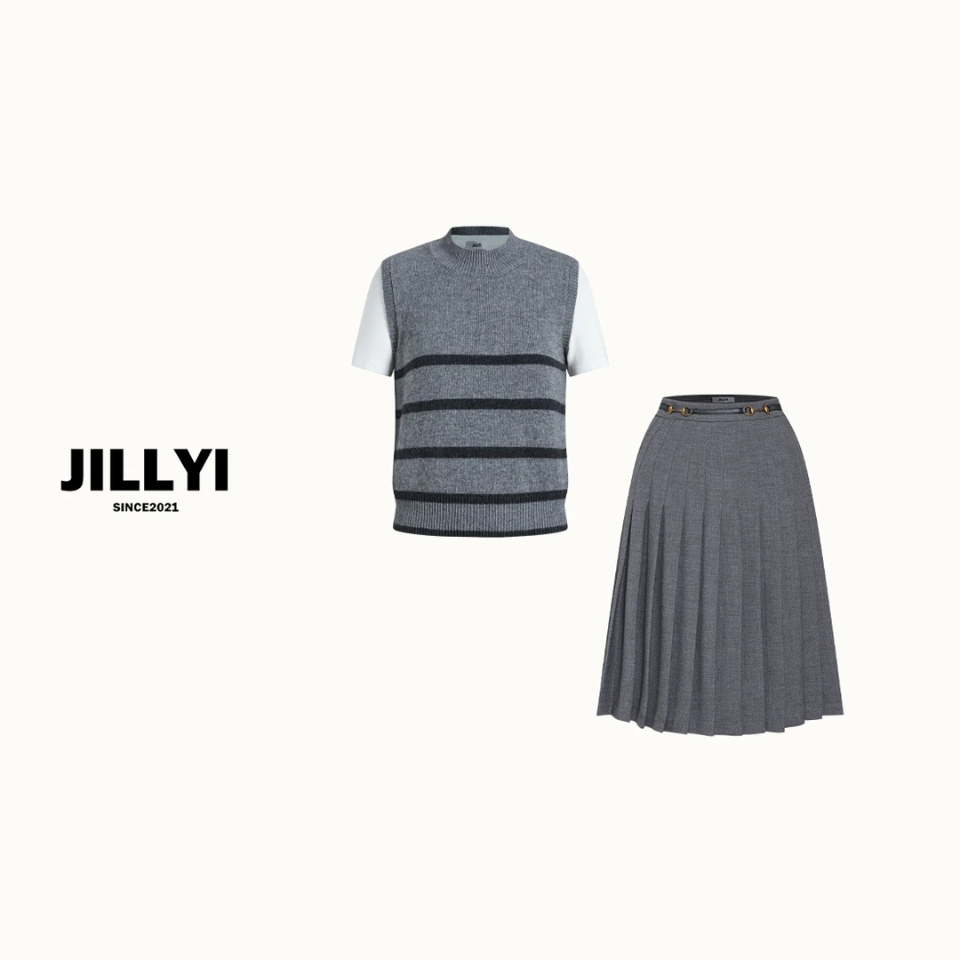 jillyi【经典穿搭】灰色条纹马甲+灰色百褶裙复古设计师百搭时尚