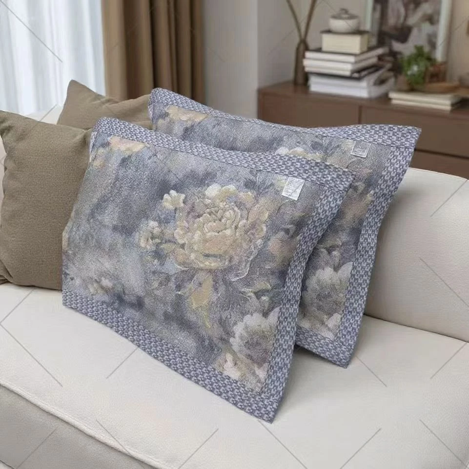 虫草雪莲养生柔软印花亲肤双层多功能加厚纱布枕巾--【水墨牡丹蓝】