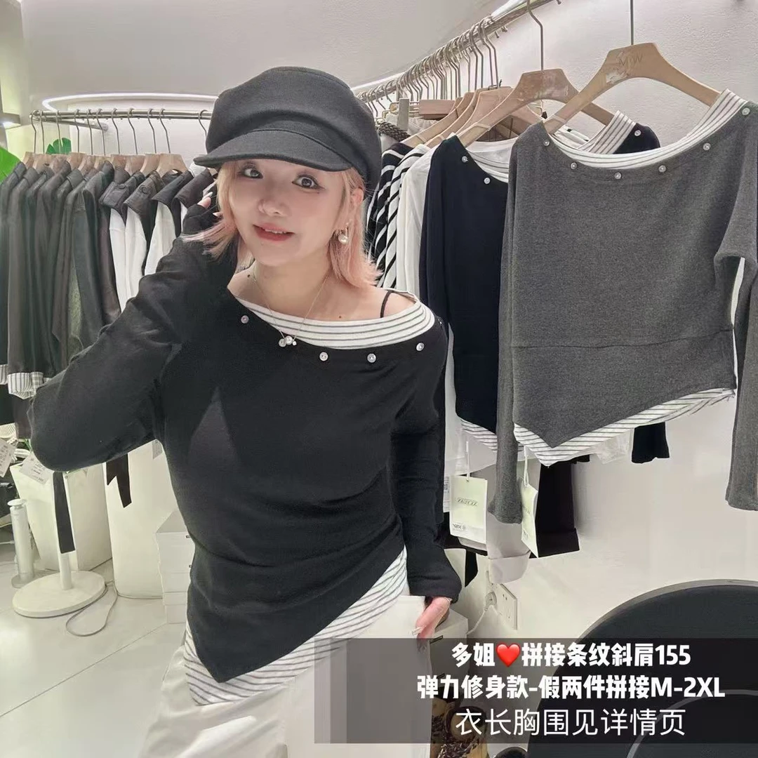 【多姐自卖】xsy拼接条纹斜肩155~四个码！新款露肩长袖T恤修身上衣