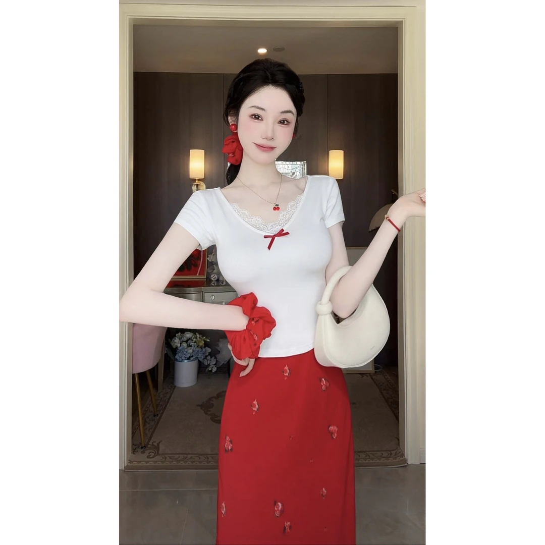 【雅乔定制】甜蜜蜜上衣 V领蕾丝蝴蝶结针织短袖白T恤DYCC-25058186