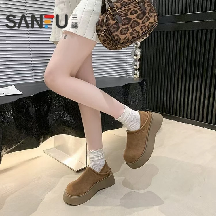 三福复古增高厚底勃肯鞋女2025早春新款一脚蹬两穿博肯单鞋通勤乐