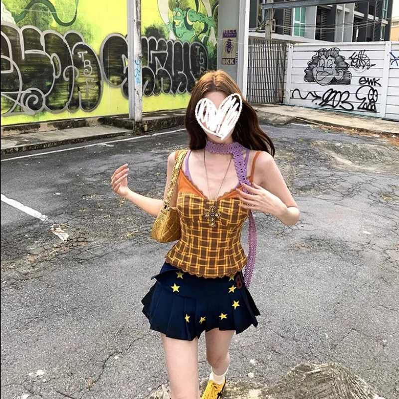 辣妹假两件格子小背心女春季修身显瘦吊带上衣