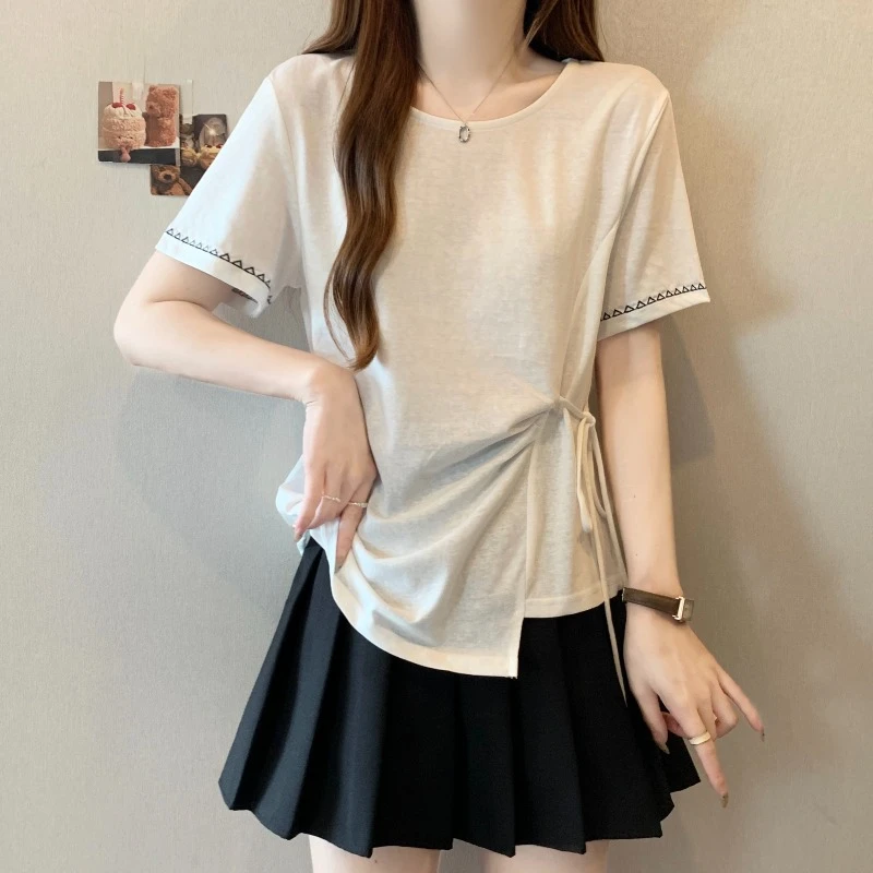 大码不规则刺绣系带短袖T恤女夏季胖MM修身显瘦百搭洋气收腰上衣