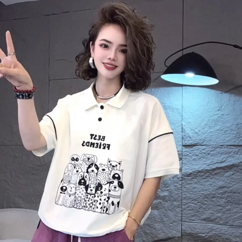2025年夏季新款百搭Polo领印花小狗图案宽松休闲减龄上衣T恤女