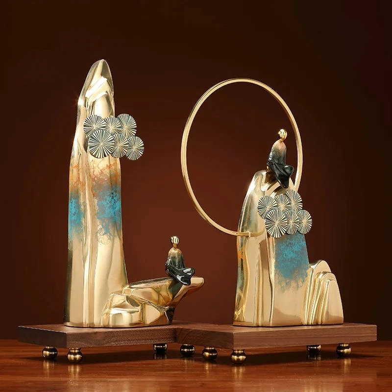 新中式家居客厅酒柜装饰品黄铜工艺品山石意境摆件乔迁礼品