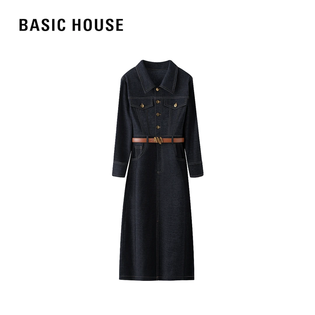 Basic House/百家好B春秋气质轻奢时尚设计师翻领长袖牛仔连衣裙