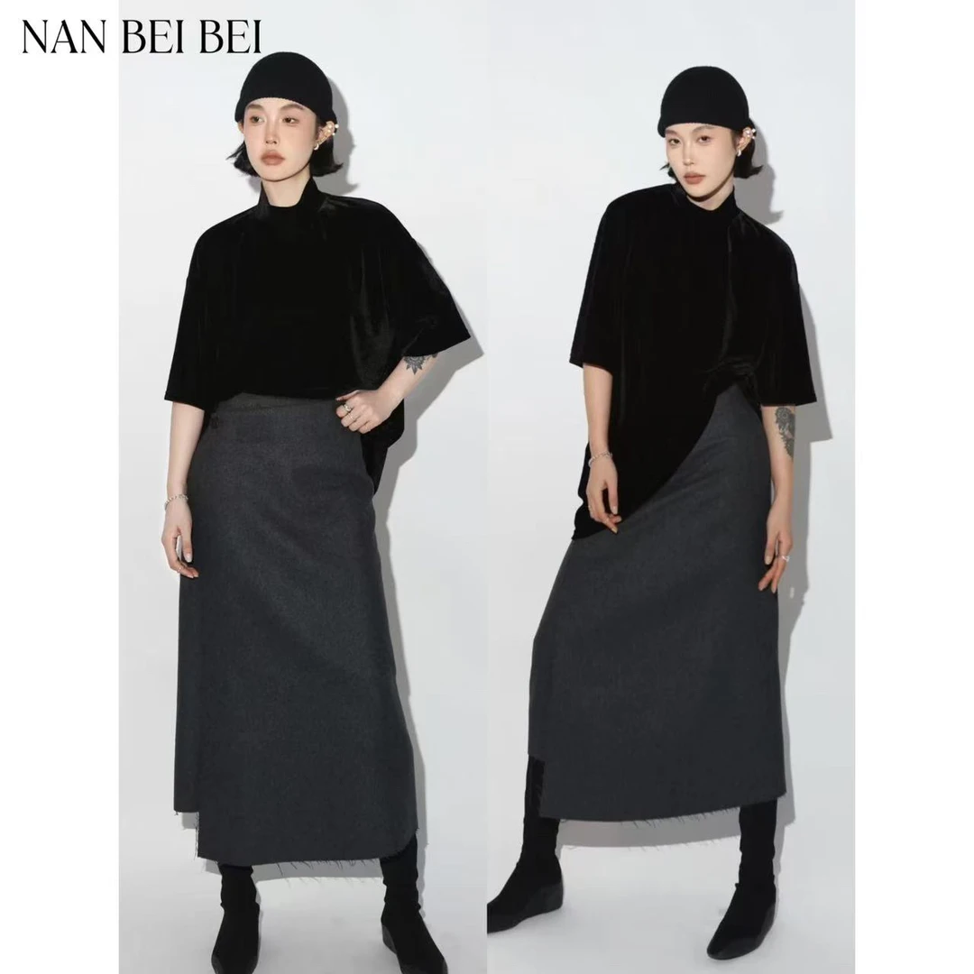 【南北贝】'一片式’秋冬设计款复古百搭不规则叠搭半身裙 052
