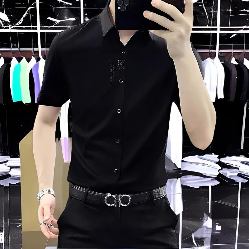 高档休闲修身免烫商务衬衫短袖显瘦遮肉弹力无痕柔软舒适男士衬衣