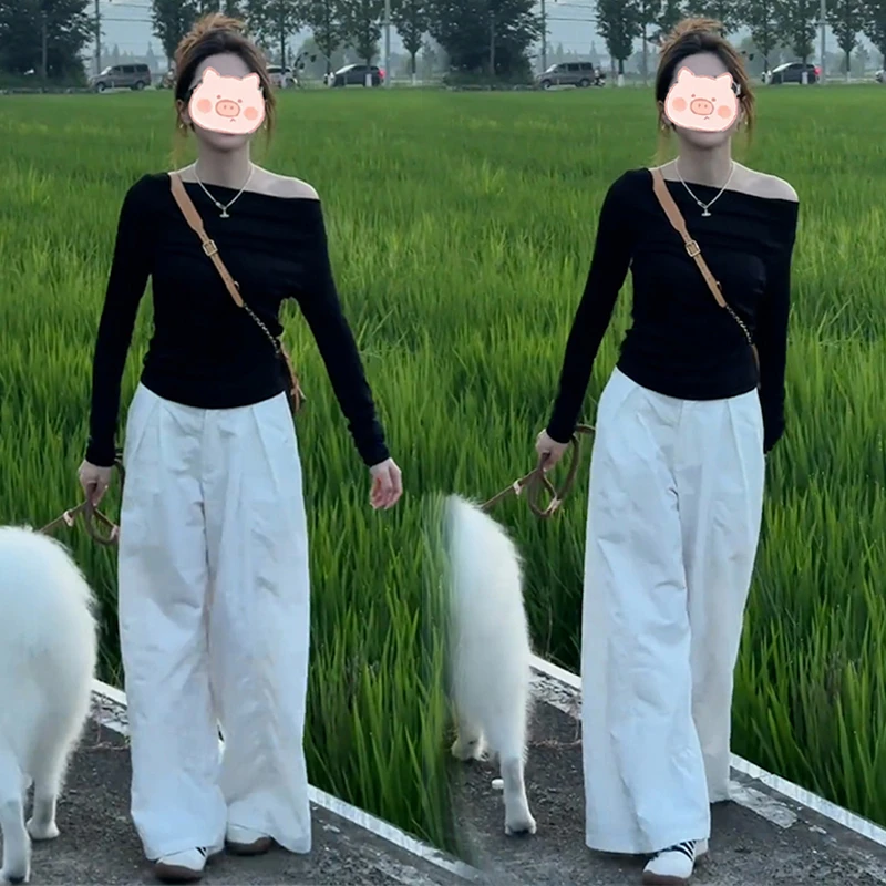 2025秋季新款修身百搭斜领露肩显瘦露背T恤高腰直筒阔腿裤套装女