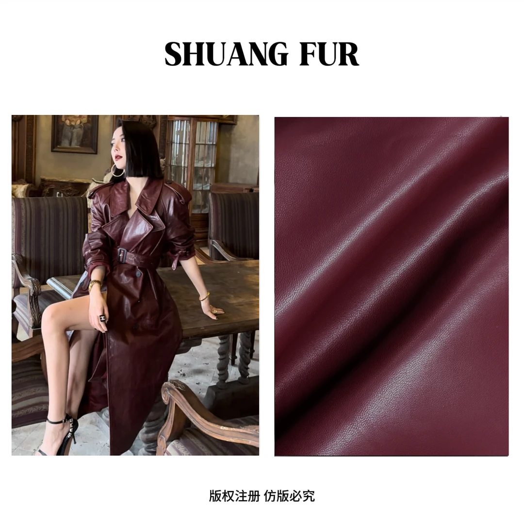 秀款意大利绵羊皮波尔多红长款真皮风衣1003-S-1