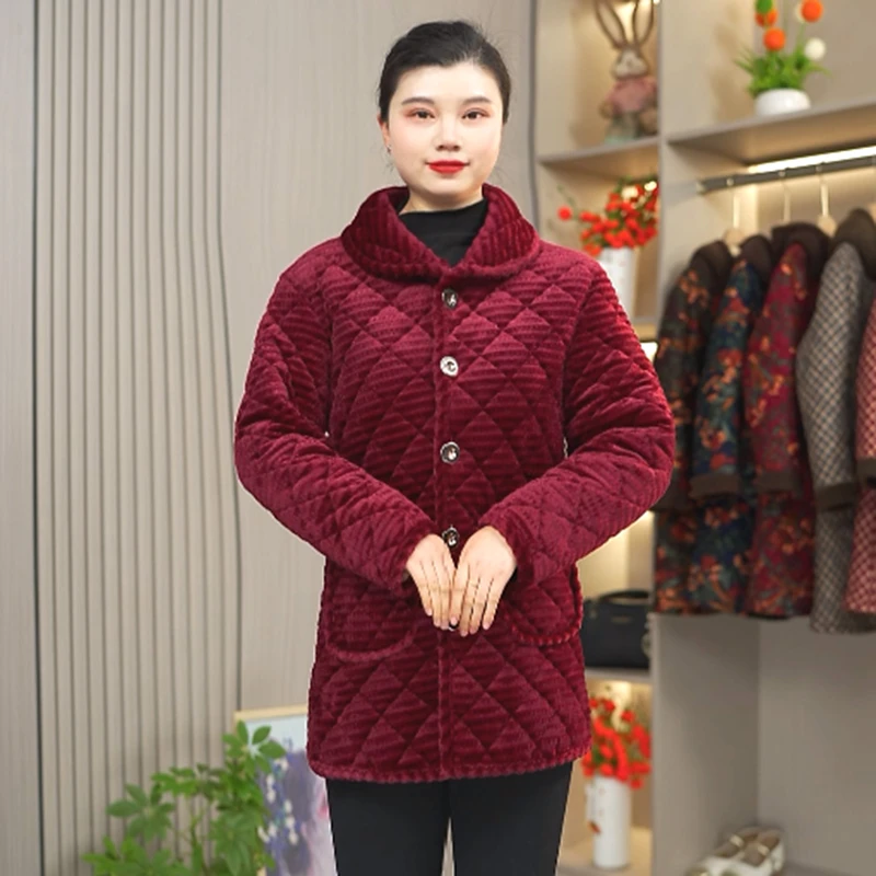 新款冬款加绒加厚棉袄女中老年妈妈装时尚减龄老年人纯色翻领棉衣