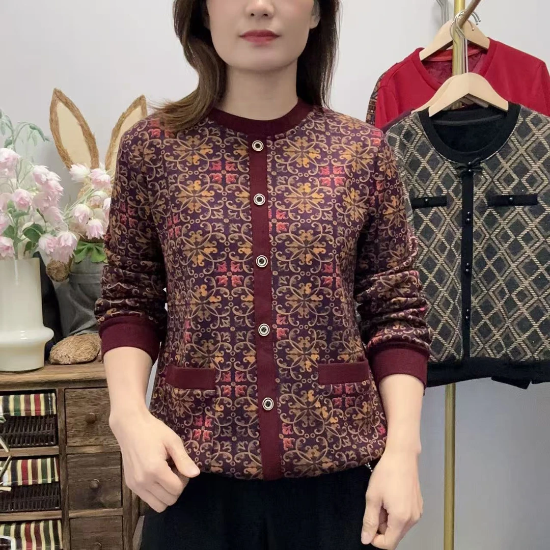 【丽姐家】秋冬加绒加厚妈妈装时尚女士上衣圆领保暖中老年女装